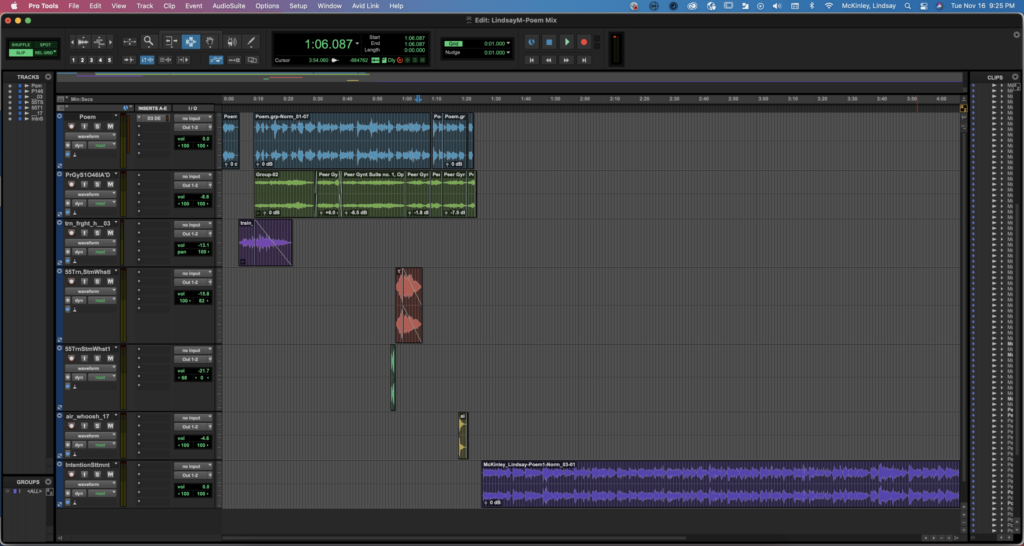 Mixing my poem with music and sound effects in Pro Tools