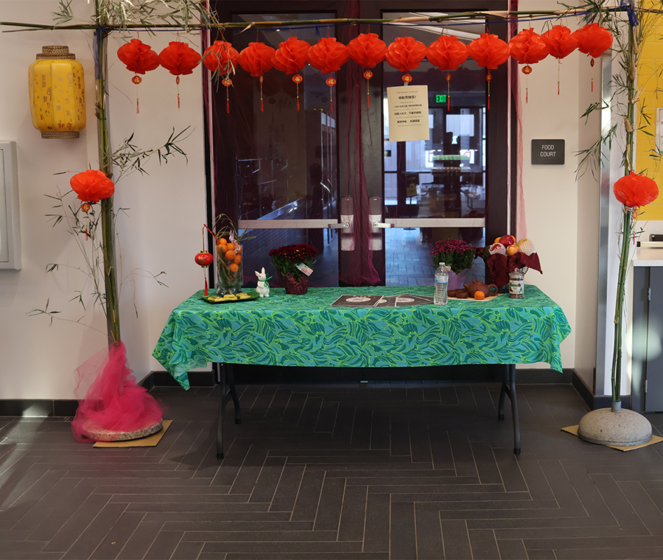 Photo of a decorative bamboo shrine at a Lunar Festival party celebrating Chinese culture.