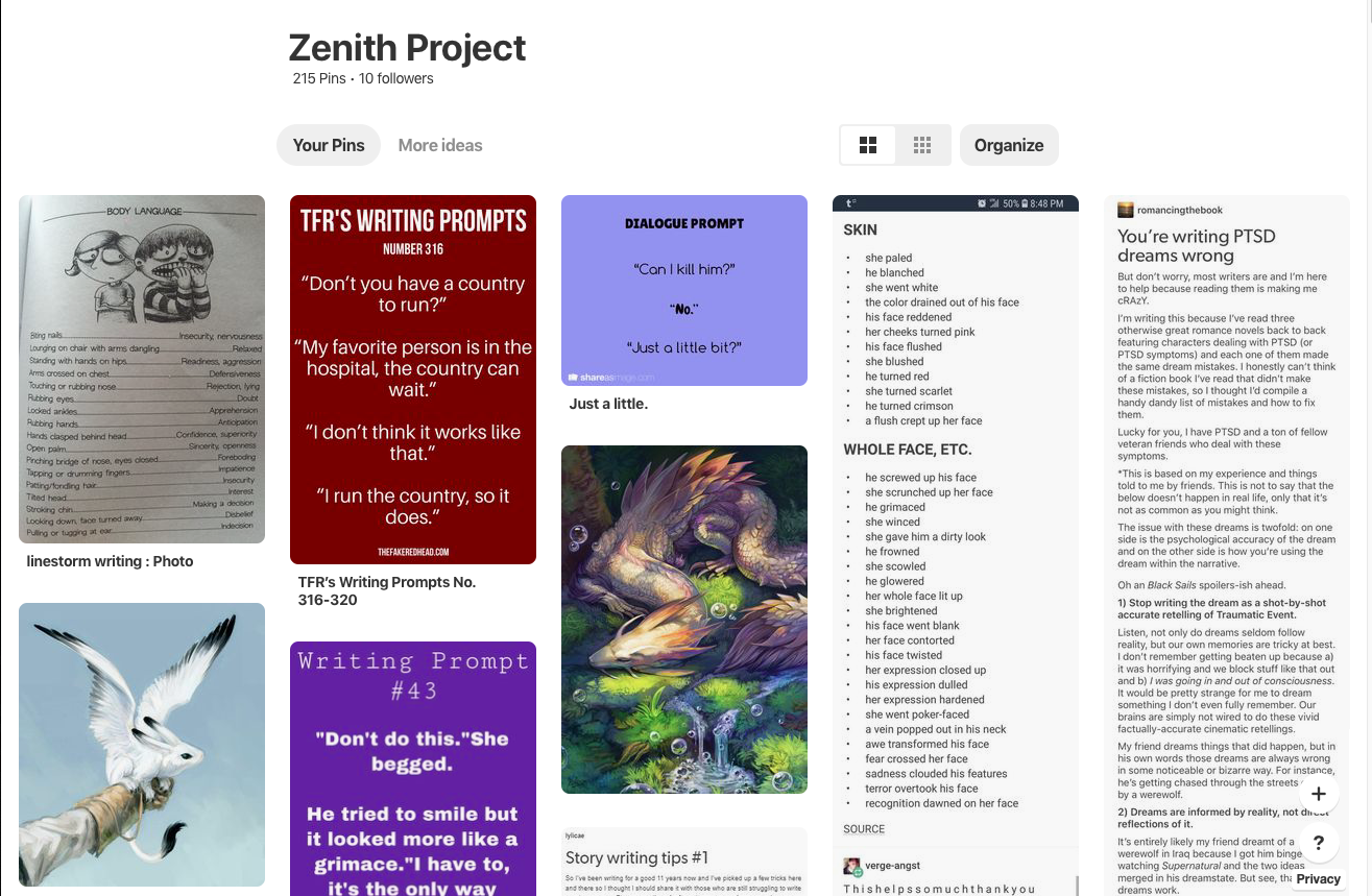 A screenshot of a Pinterest board I use to gather ideas for characters and scenes, as well as writing tips.