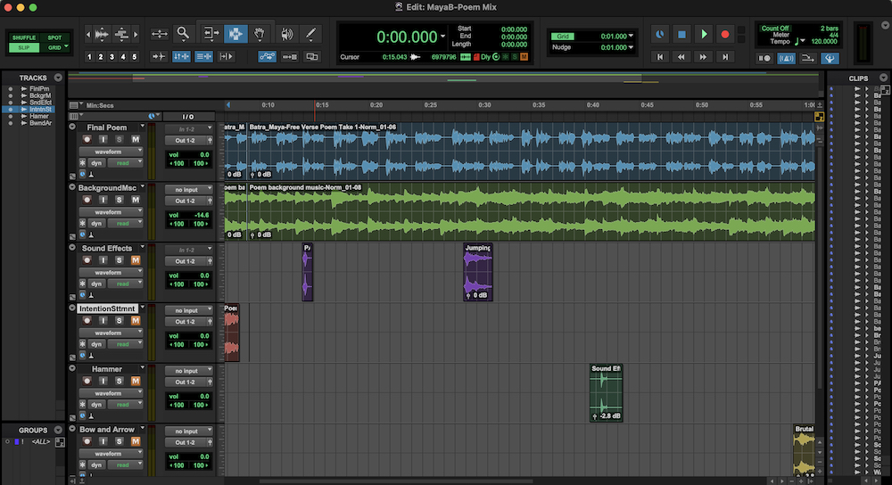 ProTools Interface while Editing the Audio of My Free Verse Poem