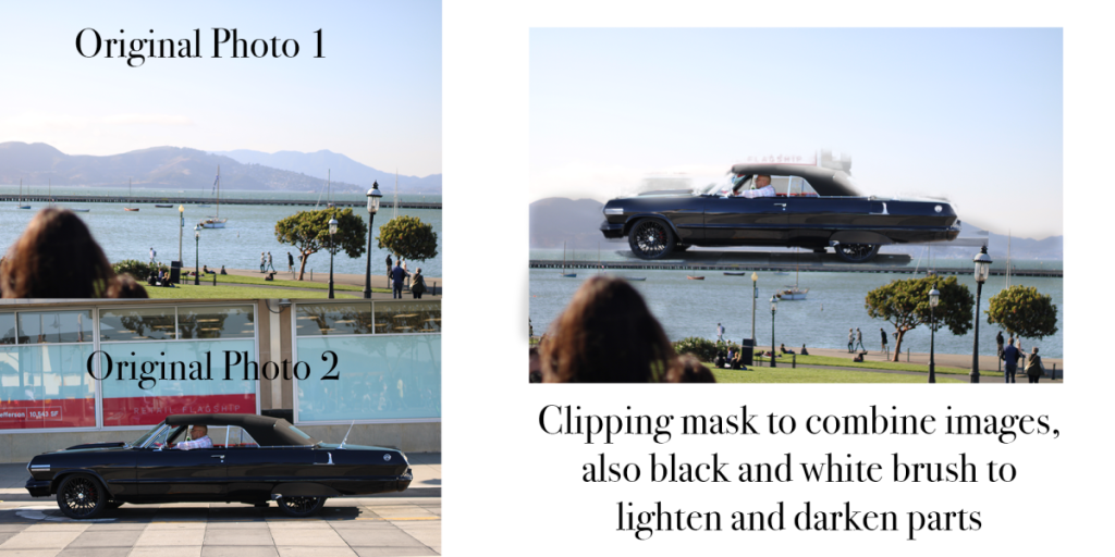 Original photo of black car and water with mountain in the background. Edited photo with car on top of water.