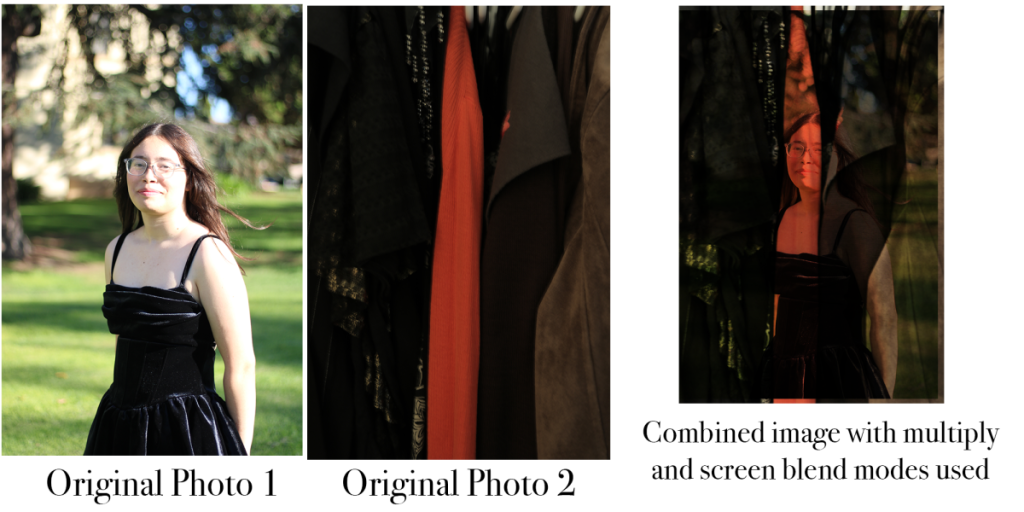 Original photo of a girl and closet of clothes. Edited photo of girl over clothes but still visible. 