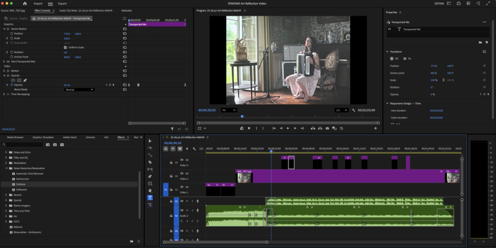 Image of Premiere Pro interface. Showing audio tracks, visual tracks, and effects. Screen in middle showing girl playing accordion. 