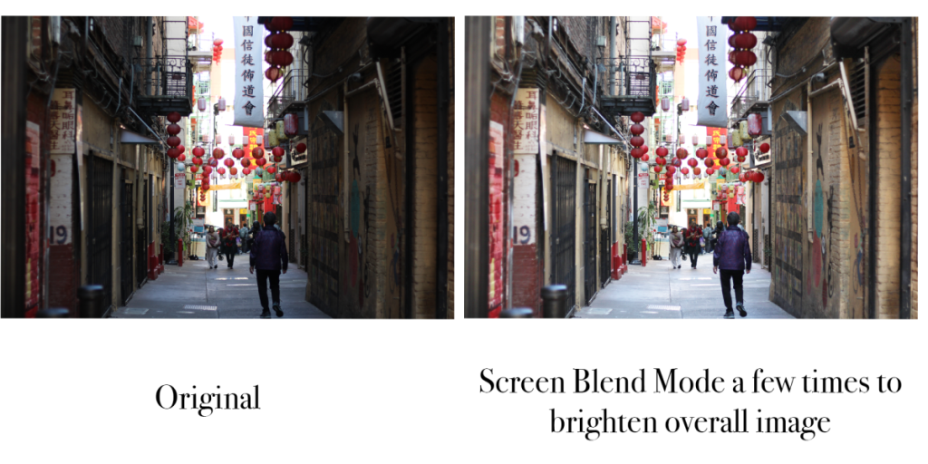 Original photo of China town street. Edited photo with screen mode to brighten image. 