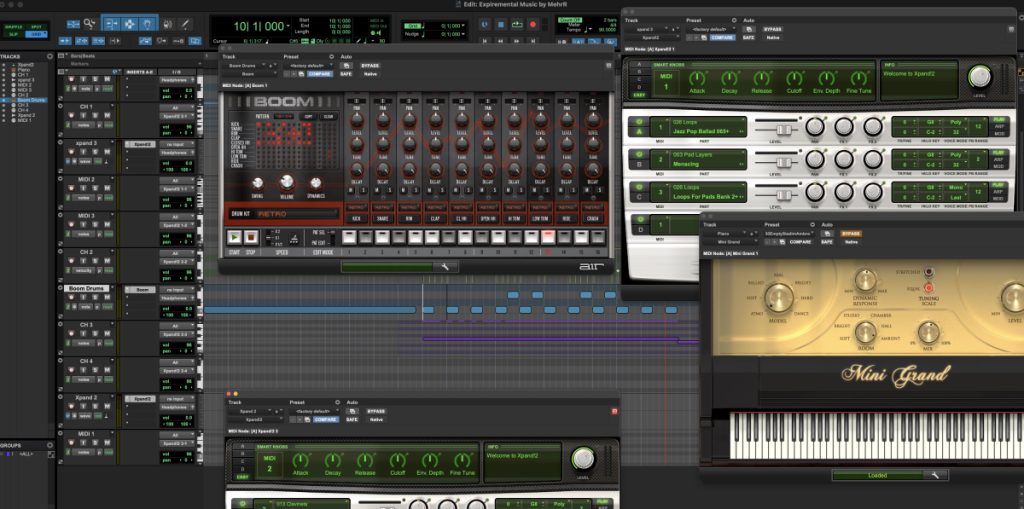 Behind the scene of experimental music production showing pro tools interface and instruments 
