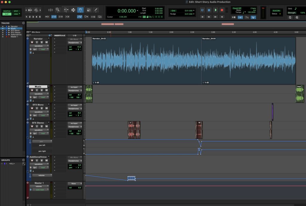 Behind the scene of Pro Tools interface of creating audio short story