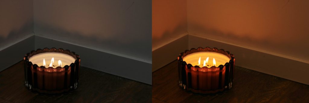 Two images of a candle shown side by side, left is colored normally, right has a prominent orange cast.