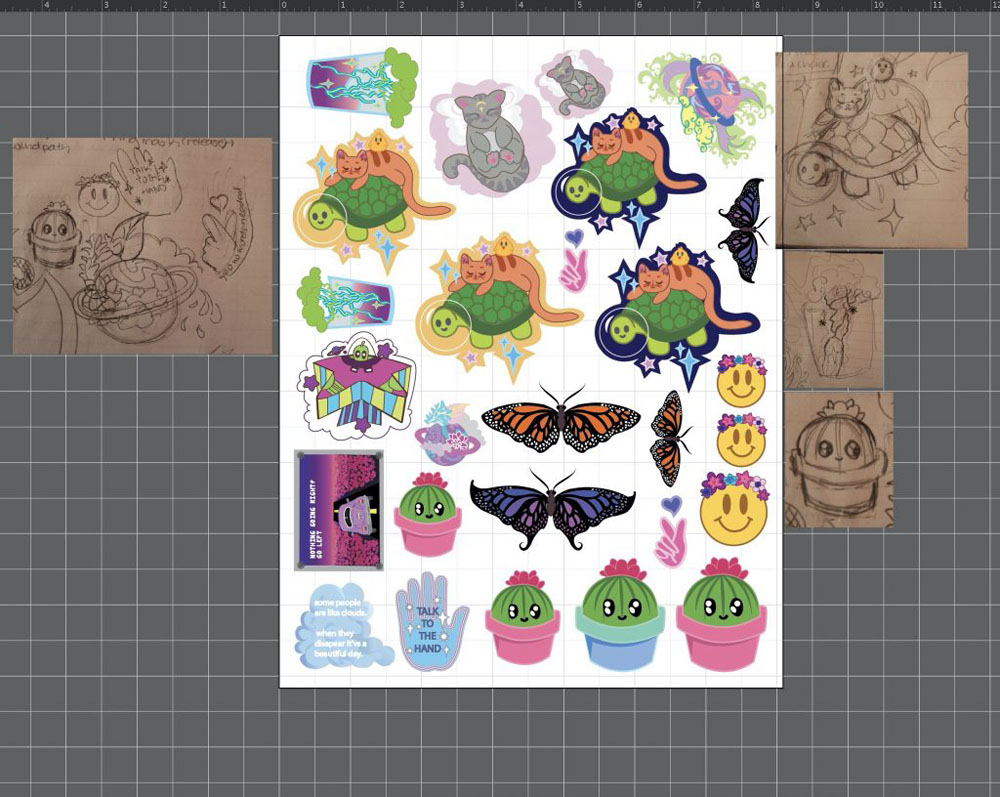 rough sketches + designs in illustrator (lightning, cats, turtles, an alien, butterflies, and planets)