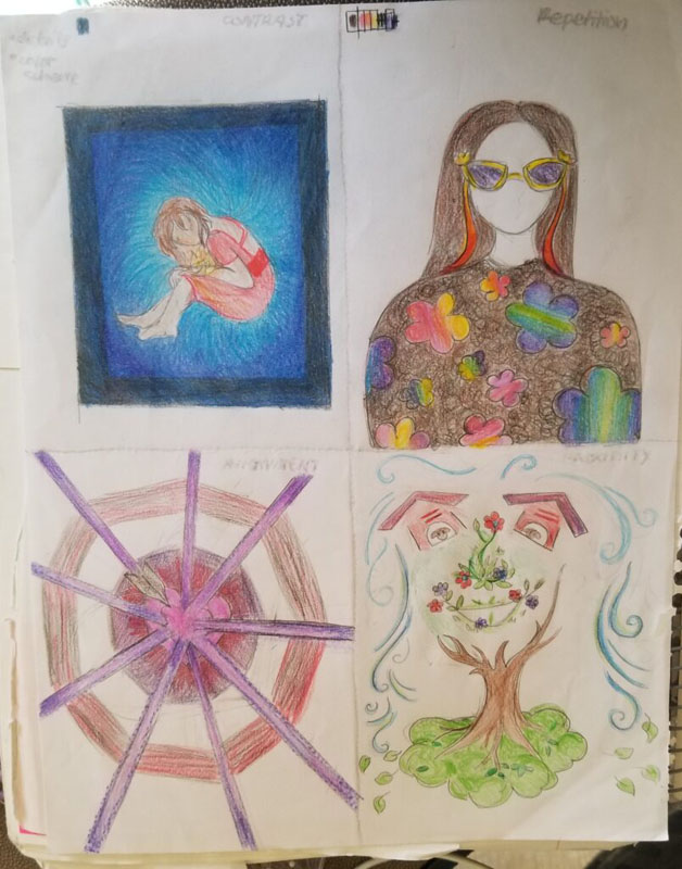 crap principles of art with 4 mini drawings: 1) op colors from background and dress 2) repeating pattern, 3)spiderweb heart 4) farm, wind and trees to imitate a face