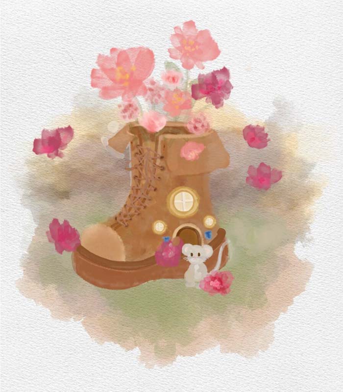 Boot house with blooming flowers inside, tiny mouse is outside 