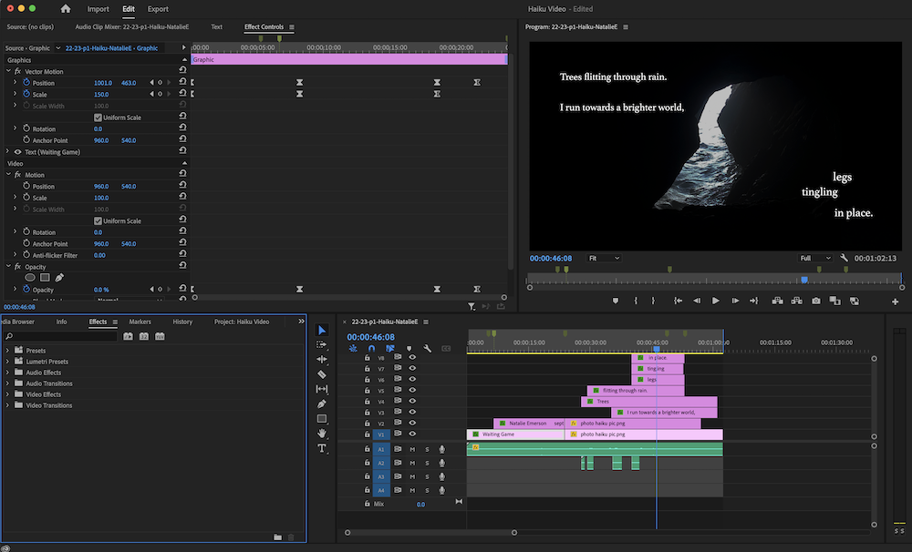 screenshot of Premiere Pro Haiku Video production with all clips in order and keyframes added