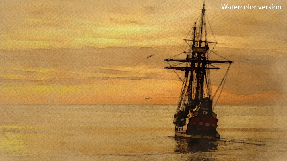 Watercolor Sunset Ship