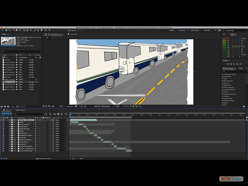 An image of the Animation in Adobe After Effects: the Photoshop frames have been condensed into a .mp4 files that plays the 2160 frames I drew at 12 frames per second, seen as the highlighted green bar.