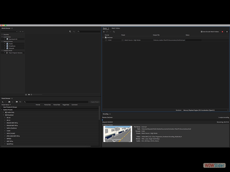 An image of Adobe Media Encoder. I use it to re-encode the .mov Animation file into a more accessible .mp4 file (with H.264 encoding [aka MPEG-4 AVC], which is about twice as efficient as traditional MPEG-4)
