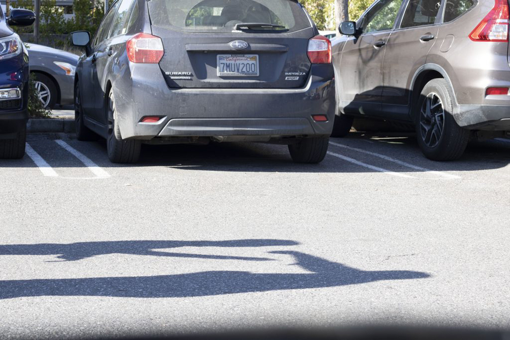 Two shadows in a parking lot seem to be fighting each other.