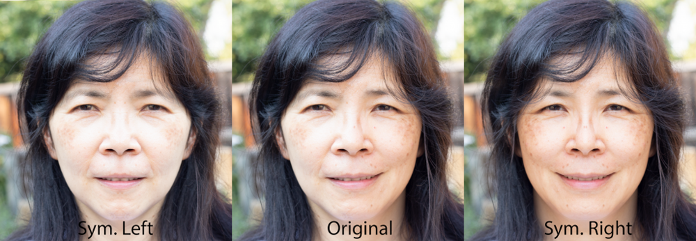 A photo of a woman is seen three times. In the center is the original photo. On the right of the original photo is one in which the right side of the woman's face has been copied and flipped, so as to create a symmetrical version of her using just the right side. The same has been done with the left side of her face.