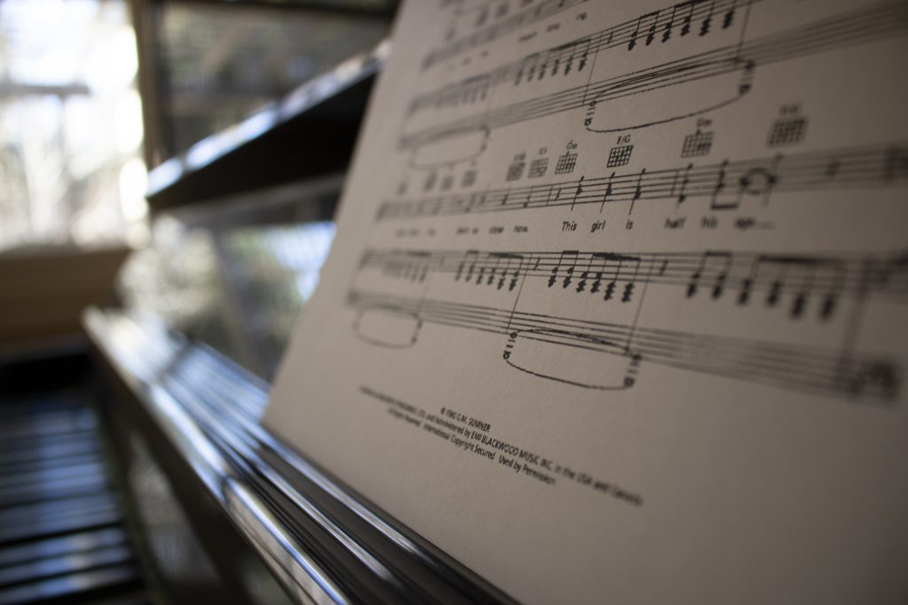 A page of piano sheet music on a black piano.