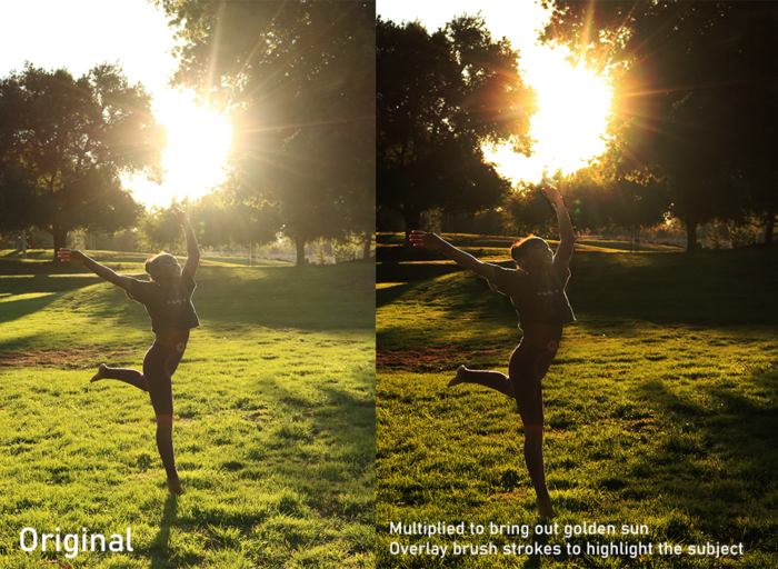A comparison of two photos of a dancer, one of which has been darkened with overlay strokes.