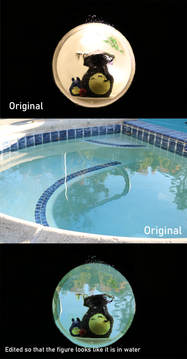 Photos of a figurine and a pool that have been blended