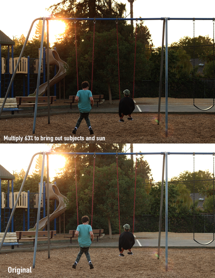 A comparison of two photos of boys on a swingset, one of which has been darkened.