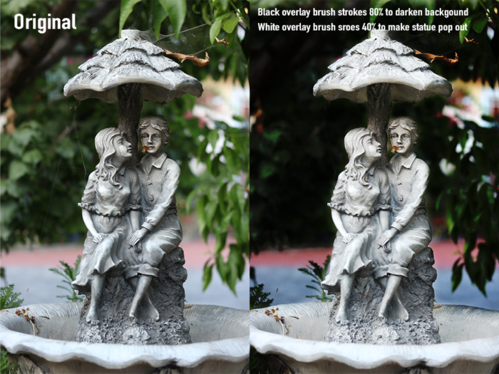 A comparison of two photos of a statue, one of which has overlay strokes.