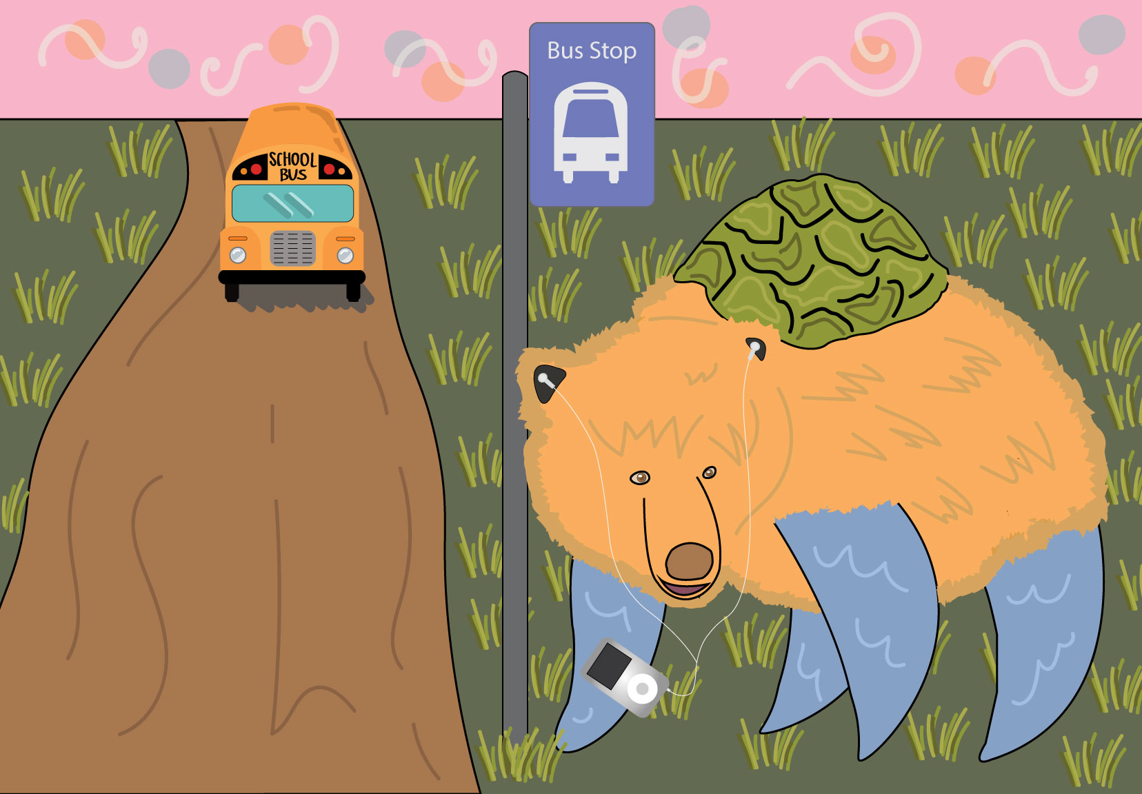 My character Lily as a bear with dolphin fins and a turtle shell, standing by the street as she waits for the bus.