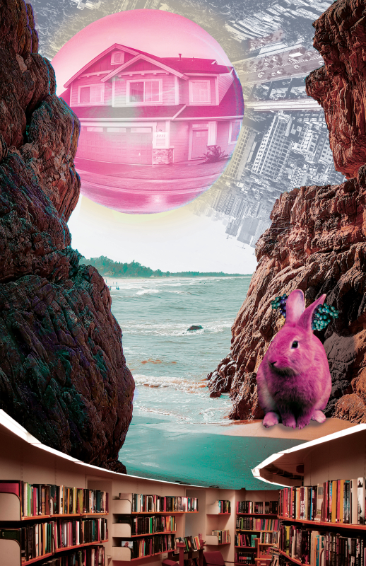 A library whose ceiling expands to a colorfully lit beach with a giant, pink rabbit and a bubblegum sun. The sun has a house in it, and the sky is filled with upside-down skyscrapers. The rabbit also has teal grapes in its ears.