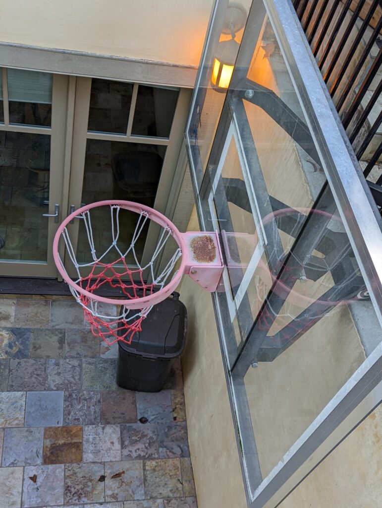 An aerial view of a basketball hoop.