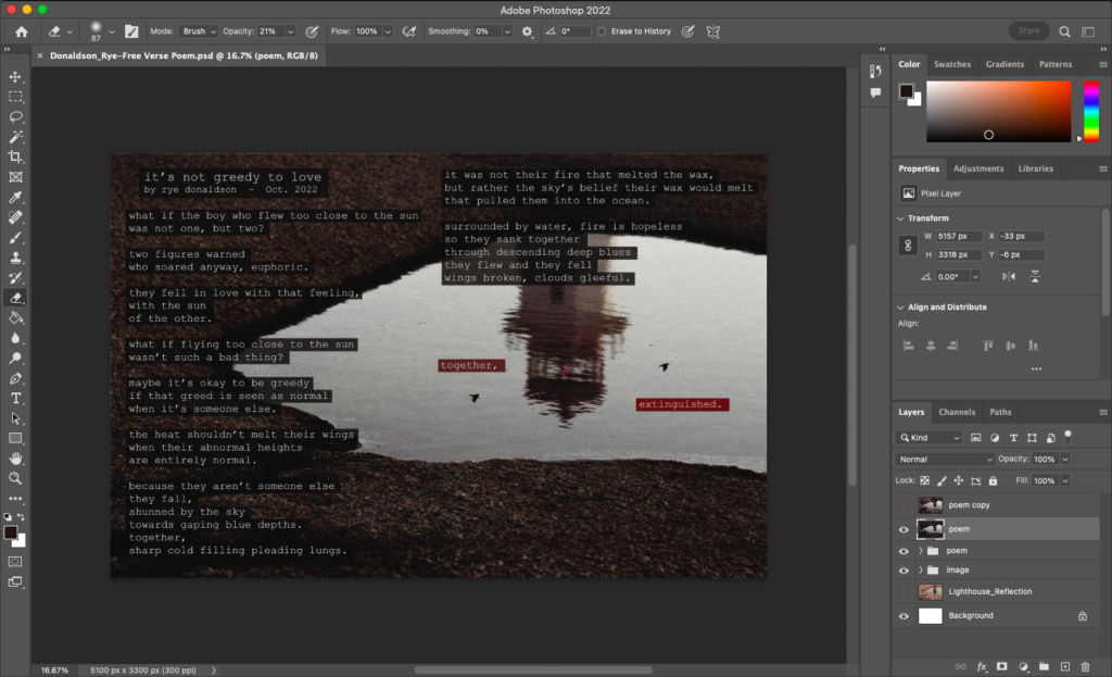 a screenshot of the photoshop interface when i was making the poem photo.