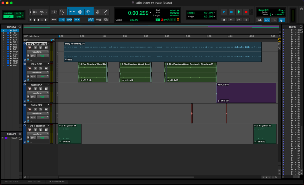 Screenshot of Pro Tools interface from when Rye was editing the audio recording of the story. 