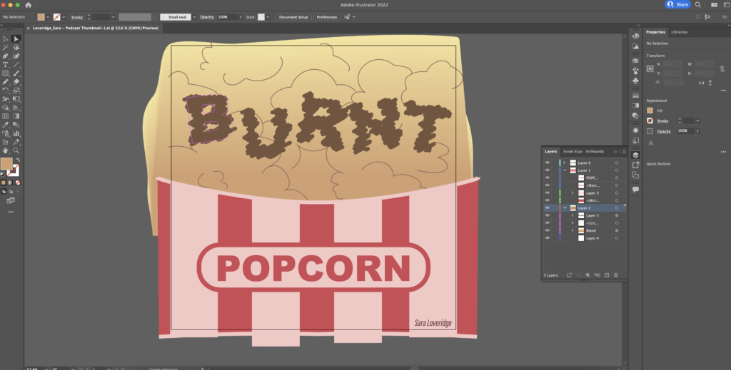 A picture of burnt popcorn open in Adobe Illustrator
