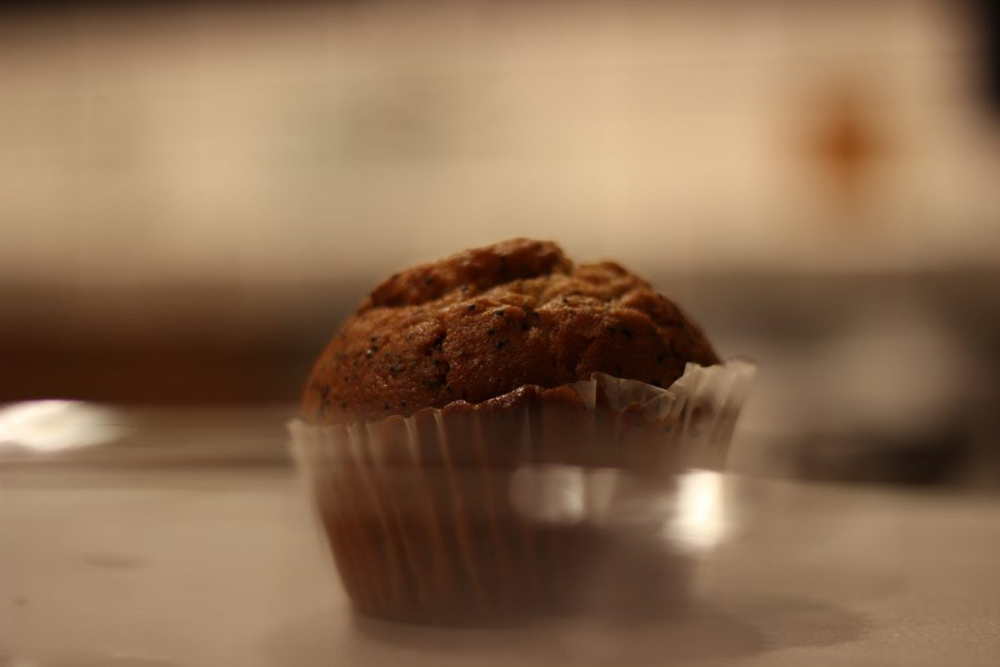 A muffin on a table
