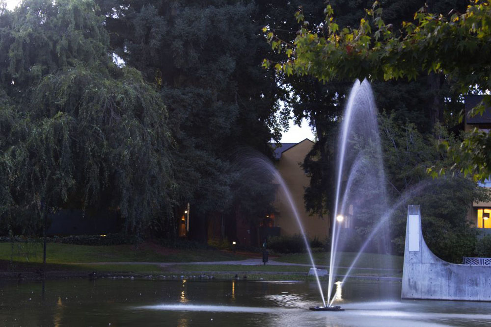 Photo of the rule of thirds that shows motion with the spraying of a fountain in the middle of a pond with trees in the background.