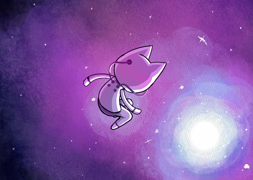 A digital painting of an astronaut cat in space.