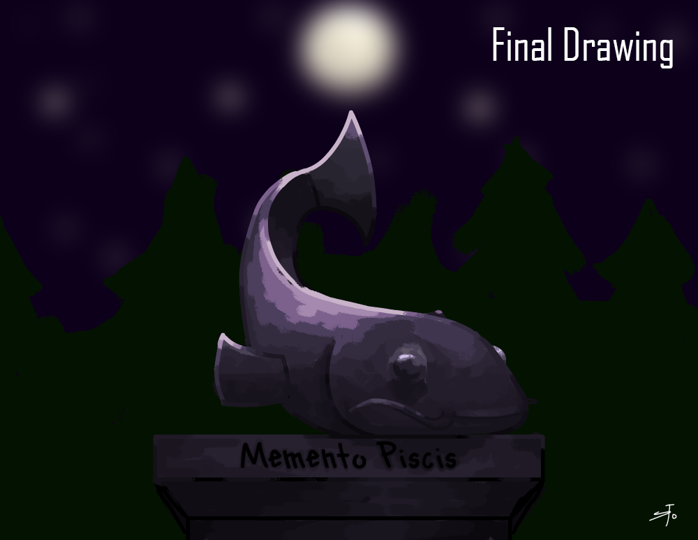 A digital drawing of a fish statue