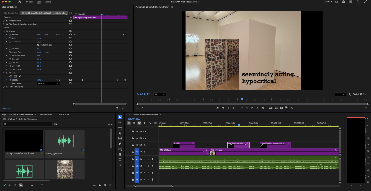 A screenshot of my premier pro session in which I made my art reflection video, a video timeline, still frame of the video, and some keyframing is visible
