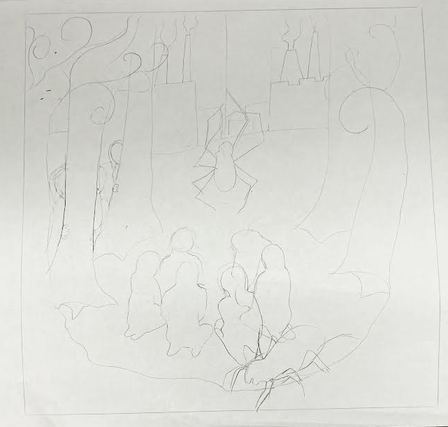Pencil sketch of people and spiders in forest