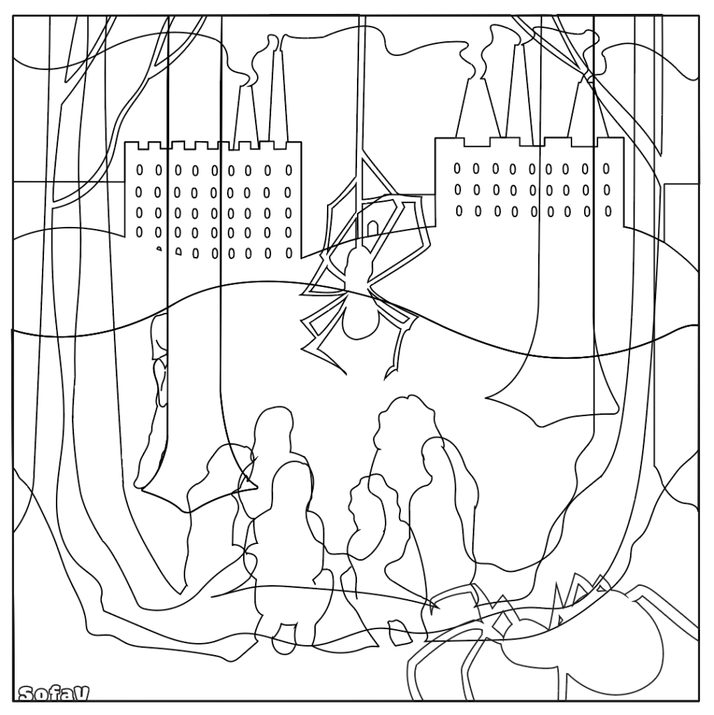 illustrator drawing of people and spiders in forest