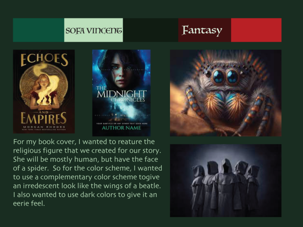 red and green mood board with example book covers, spider, and cult