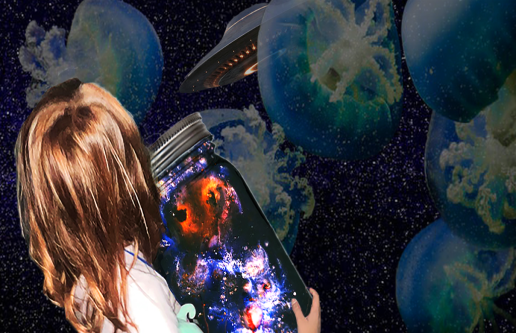 girl holding galaxy jar with jellyfish in background
