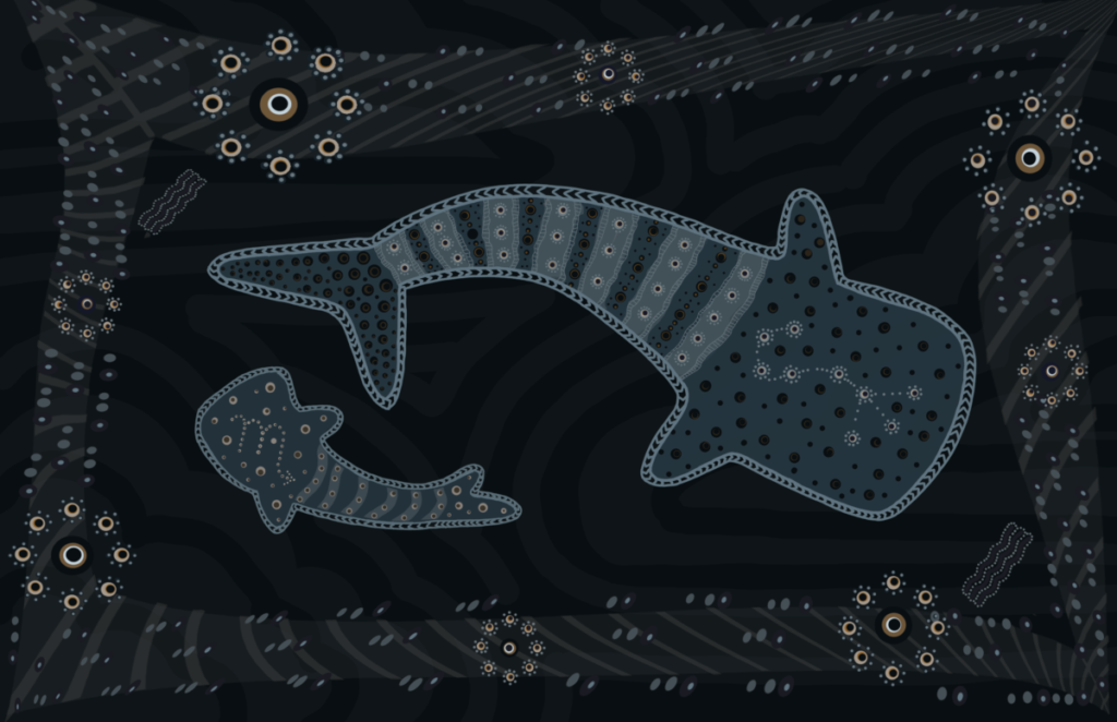 dot and line drawing of two whale sharks