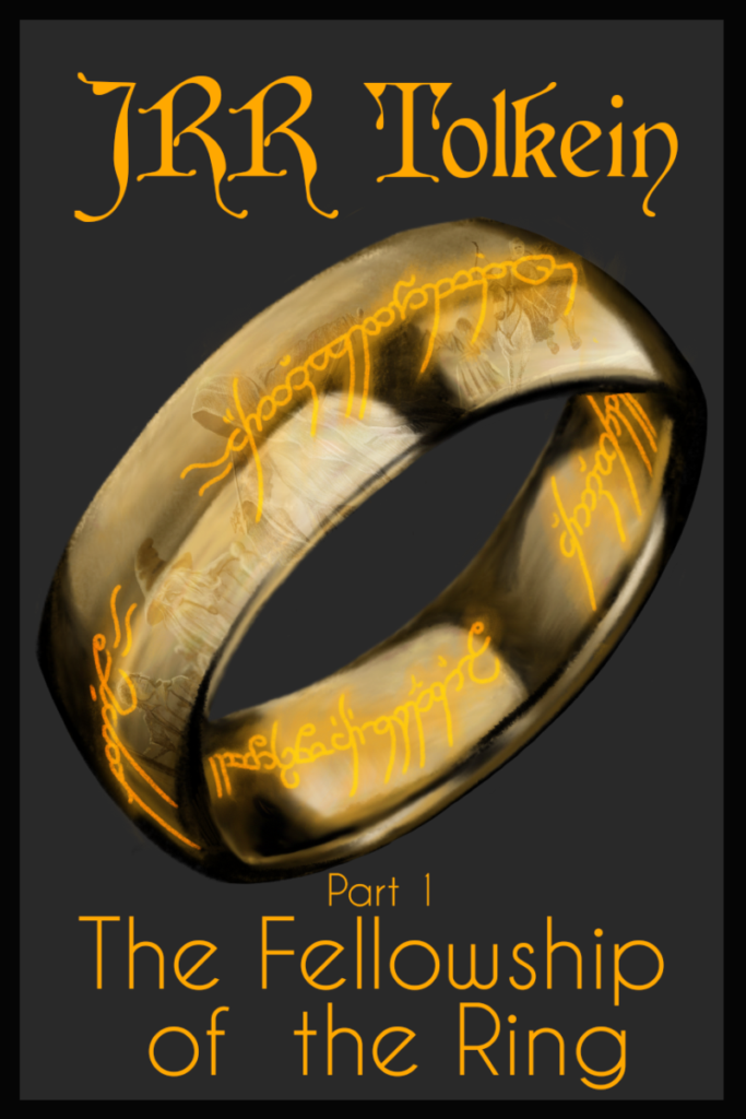 Glowing Ring with text, "JRR Tolkein, Part 1, The fellowship of the ring"