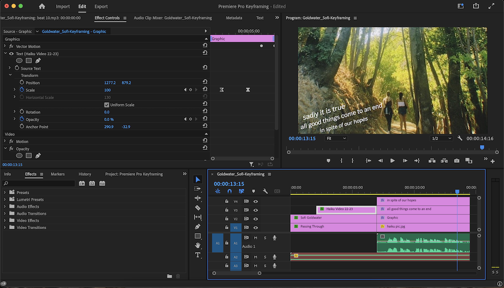 Premiere Pro screenshot of creating the haiku video.