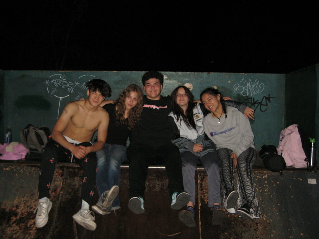 five friends at a skatepark.