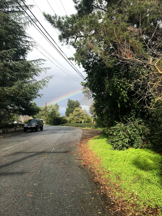 A view of a street in Los Altos with a rainbow visible in the sky.