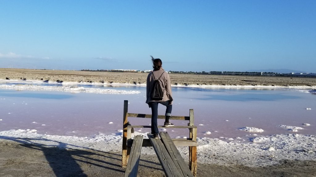 My friend standing in front of a salt pond